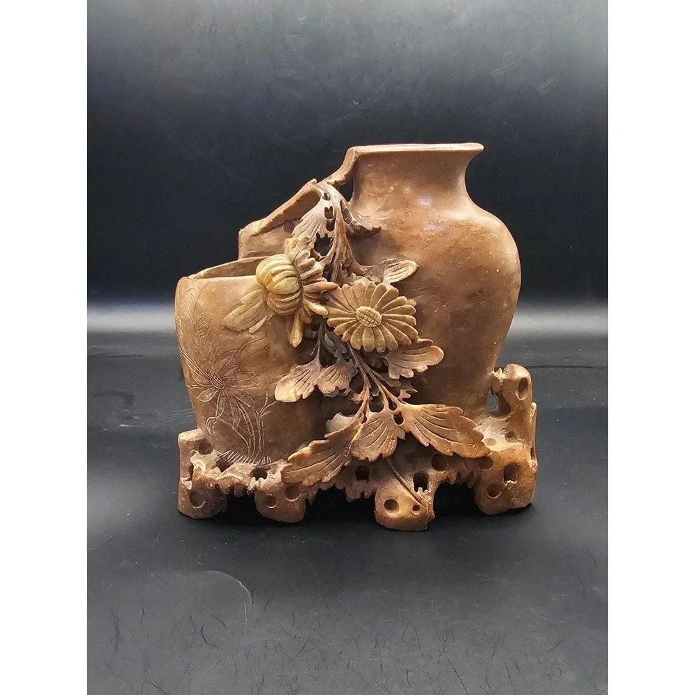 Vintage Chinese Soapstone Double Vase Hand Carved Floral Light Brown 6in SIGNED